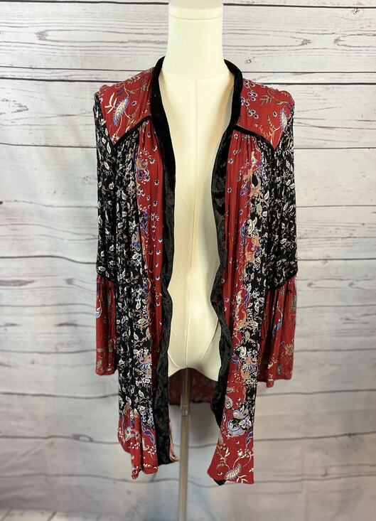 Umgee Tops - Angie Floral Paisley Kimono Cardigan S Red Black Velvet Trim Boho Hippie Sleeve